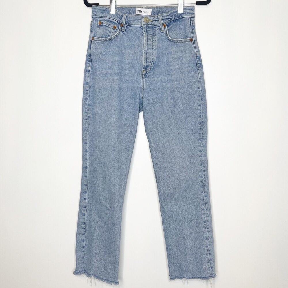 Zara High Rise Straight Leg Crop Jeans Raw Hem Women's Blue Size 8
